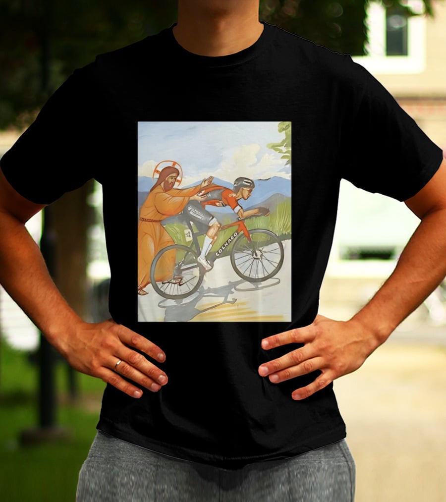 Jesus Gives Tadej Pogačar A Push Colnago Cycling T-Shirt