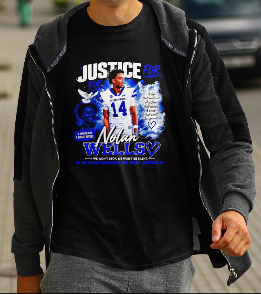 Justice For Nolan Wells Ocean Springs Football Number 14 Ignored Heart We Won't Stop Silent T-Shirt