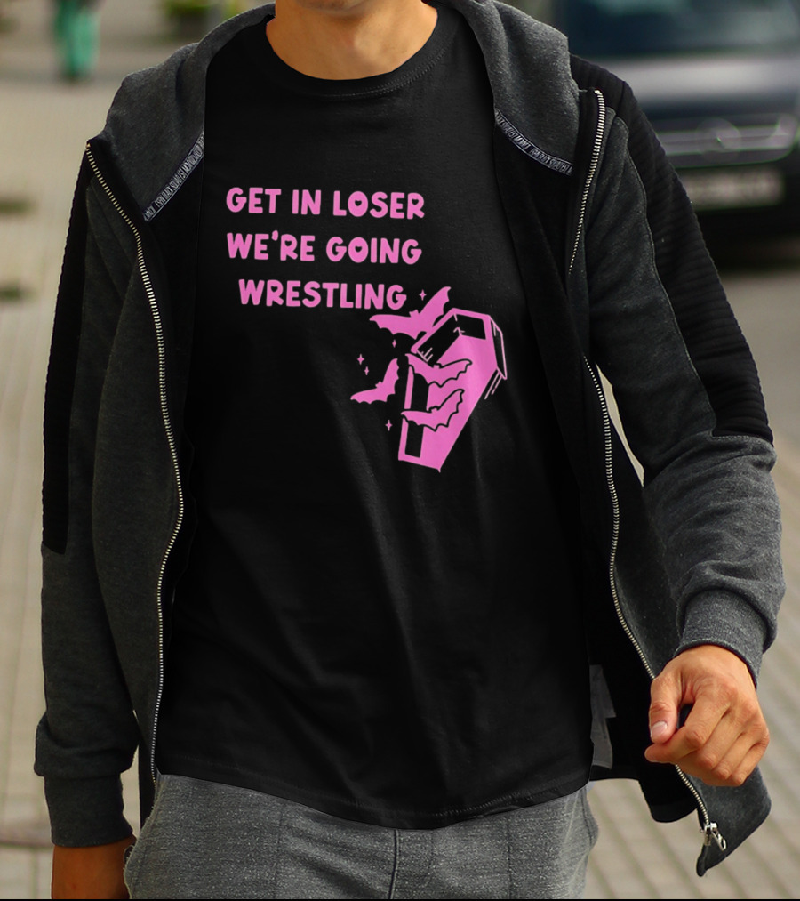 Get In Loser We're Going Wrestling Coffin With Bats And Stars T-Shirt