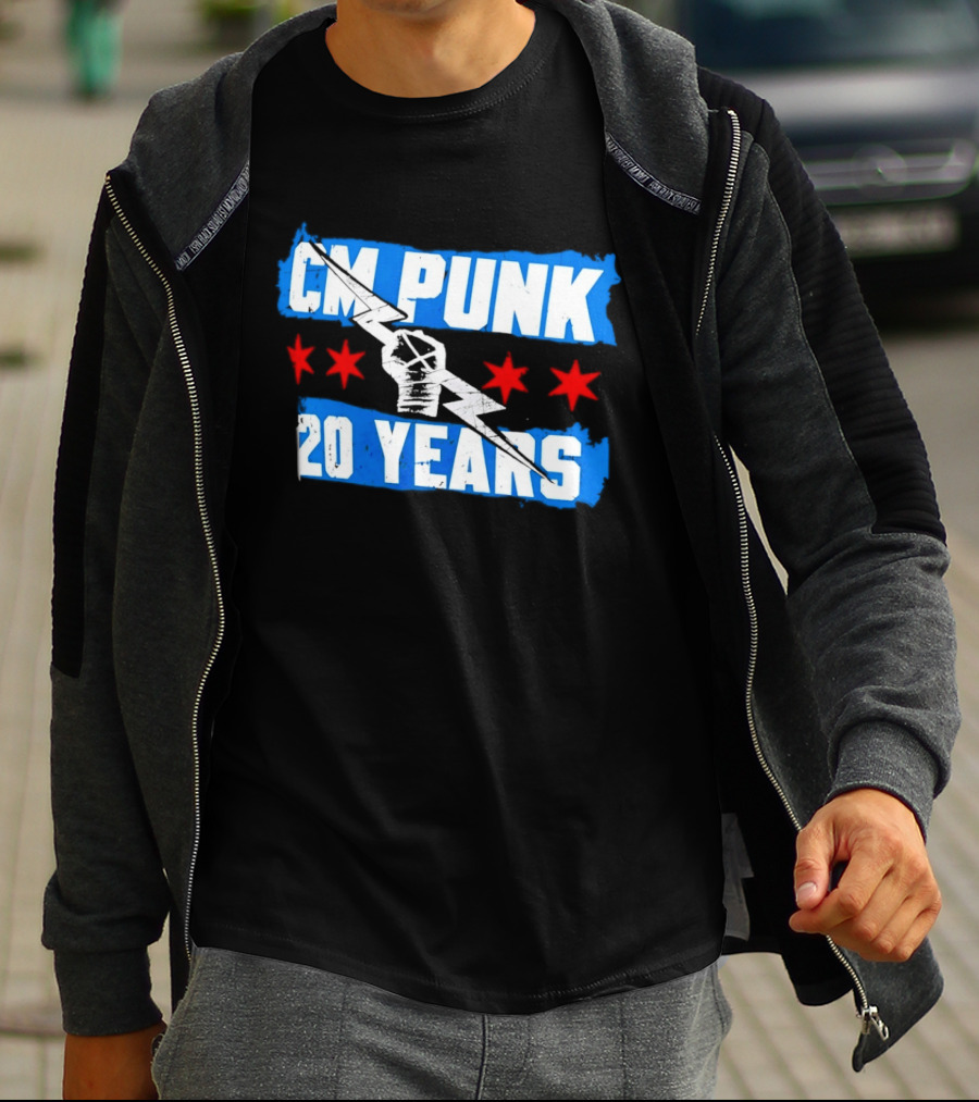 CM Punk 20 Years WWE Flag With Stars And Lightning Fist T-Shirt