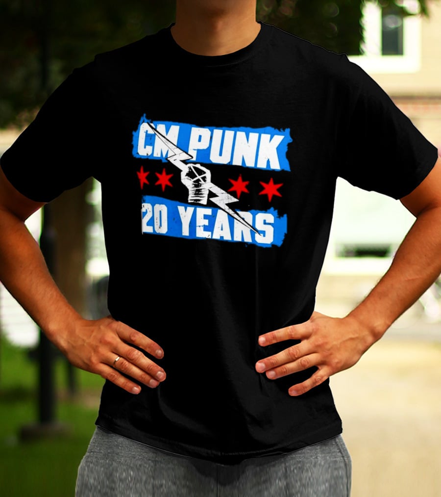 CM Punk 20 Years WWE Flag With Stars And Lightning Fist T-Shirt