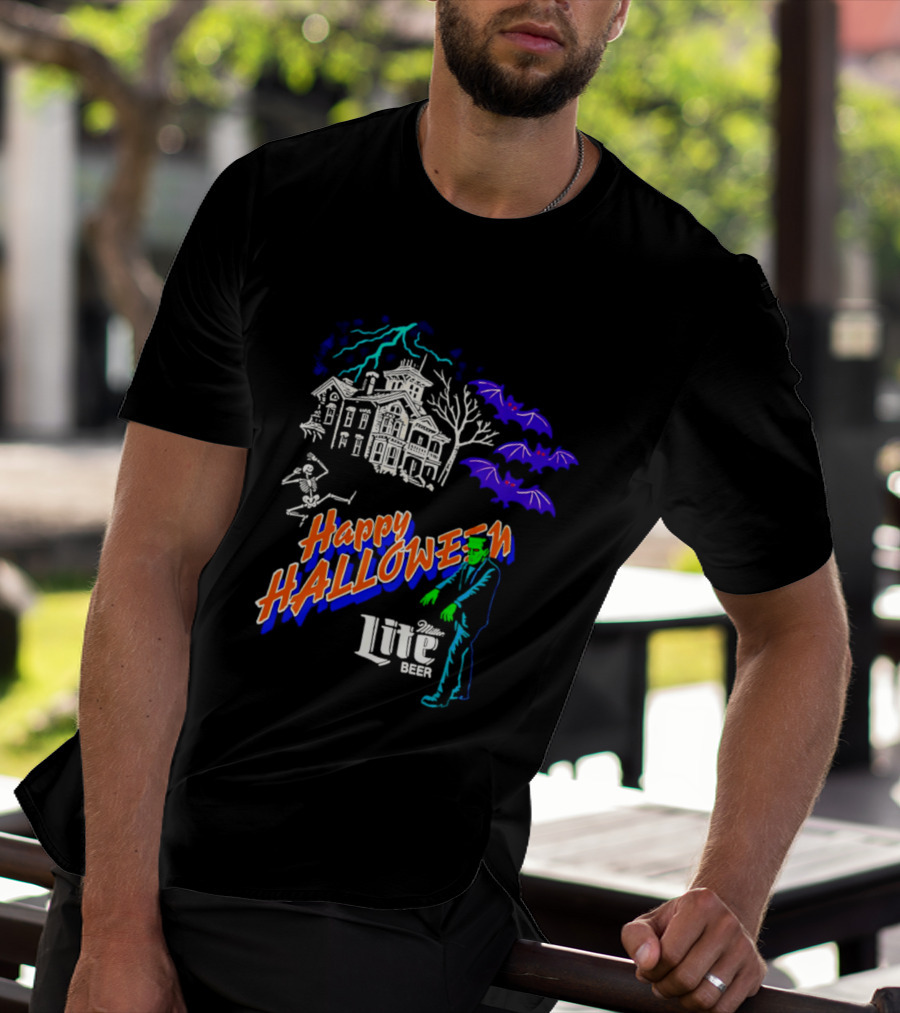 Happy Halloween Miller Lite Beer Haunted House Frankenstein Bats T-Shirt