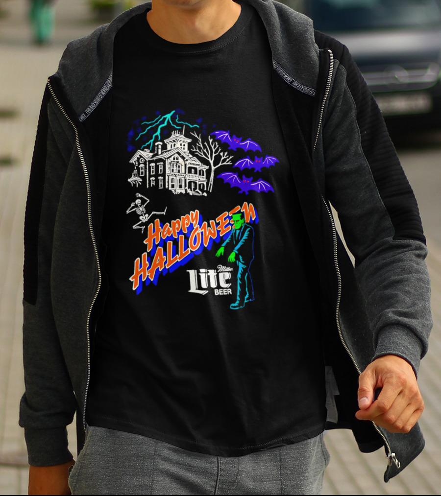 Happy Halloween Miller Lite Beer Haunted House Frankenstein Bats T-Shirt