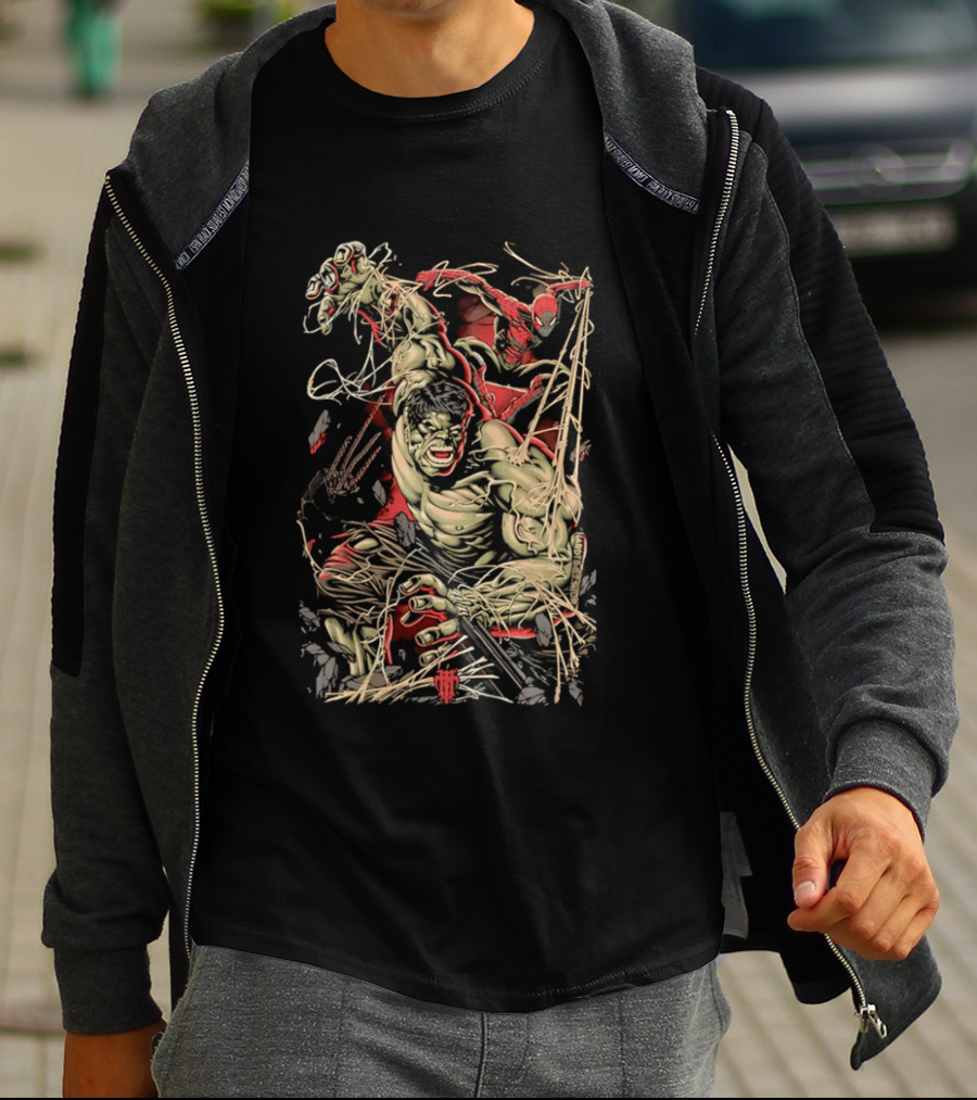 Marvel Hulk Spider Man Dynamic Action Scene T-Shirt
