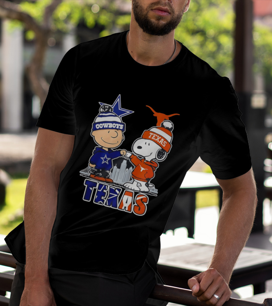Dallas Cowboys Texas Longhorns Peanuts Characters Stadium Scene T-Shirt