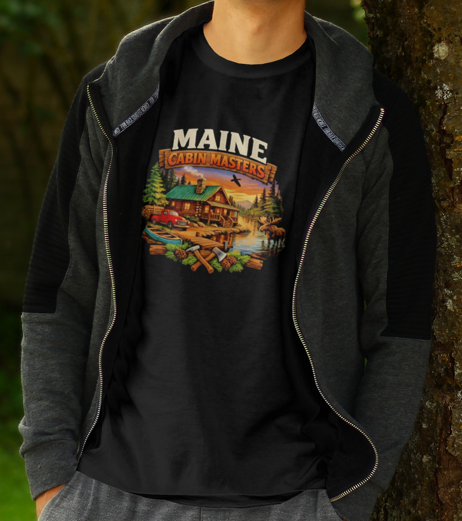 Maine Cabin Masters Rustic Wilderness Scene With Moose And Red Truck T-Shirt