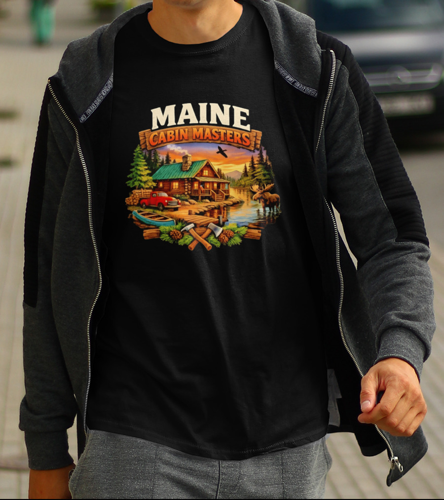 Maine Cabin Masters Rustic Wilderness Scene With Moose And Red Truck T-Shirt