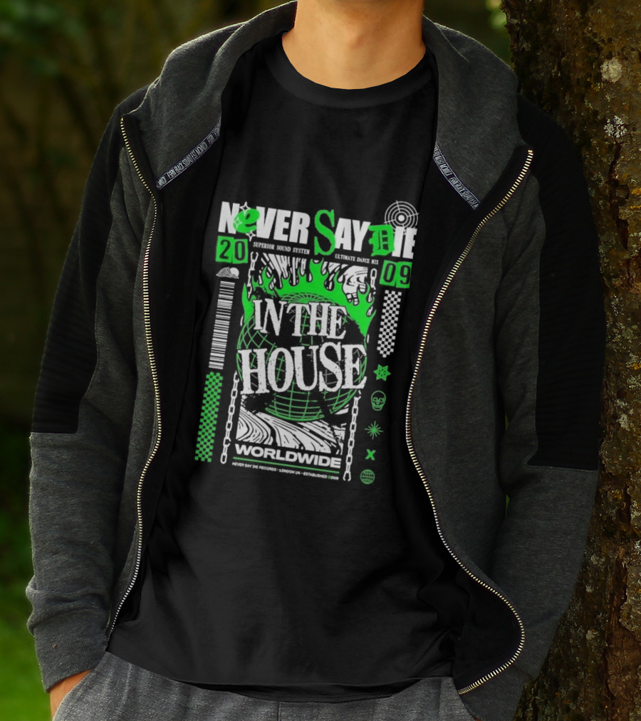 Never Say Die In The House 2009 Worldwide Green Flame Graffiti T-Shirt