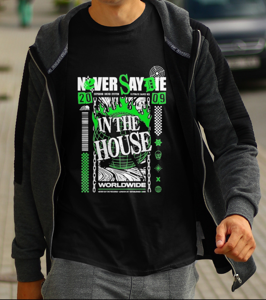 Never Say Die In The House 2009 Worldwide Green Flame Graffiti T-Shirt