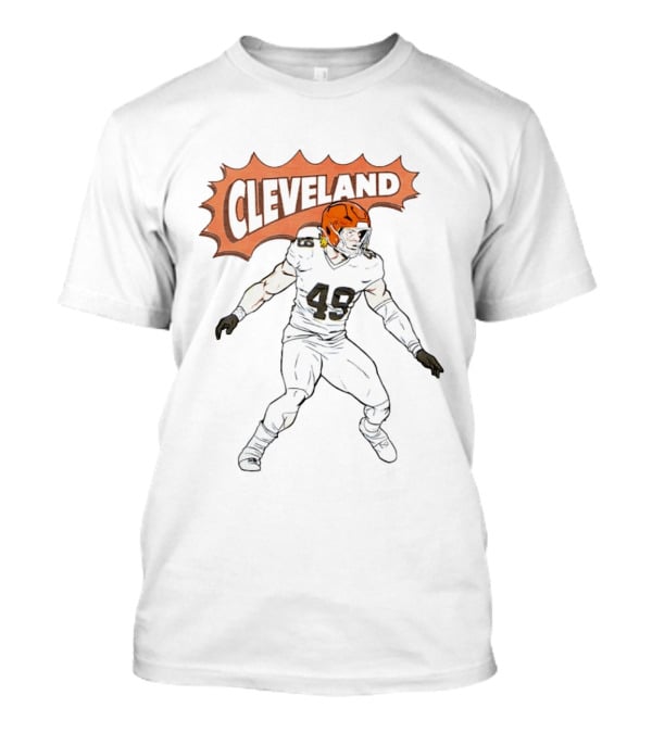 Cleveland Football Comic Style 2026 Player 49 Iconic Helmet T-Shirt