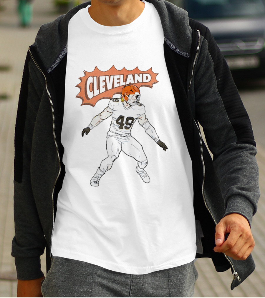 Cleveland Football Comic Style 2026 Player 49 Iconic Helmet T-Shirt