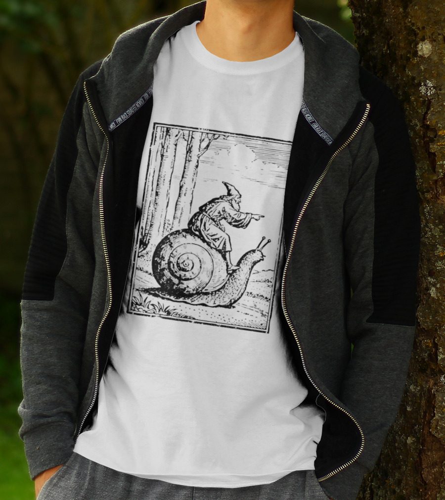 Medieval Snail Rider Wizard Woodcut Fantasy Enchantment T-Shirt