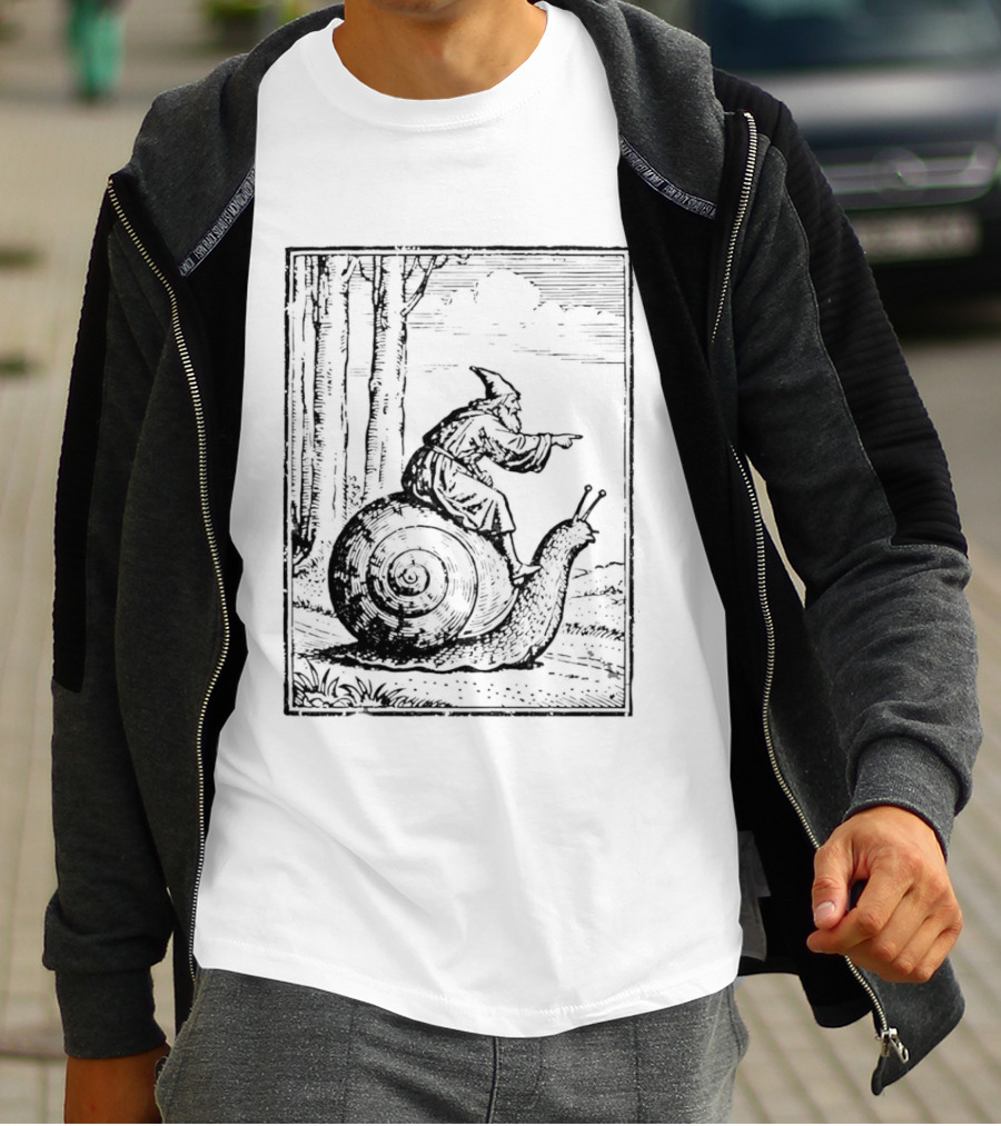 Medieval Snail Rider Wizard Woodcut Fantasy Enchantment T-Shirt