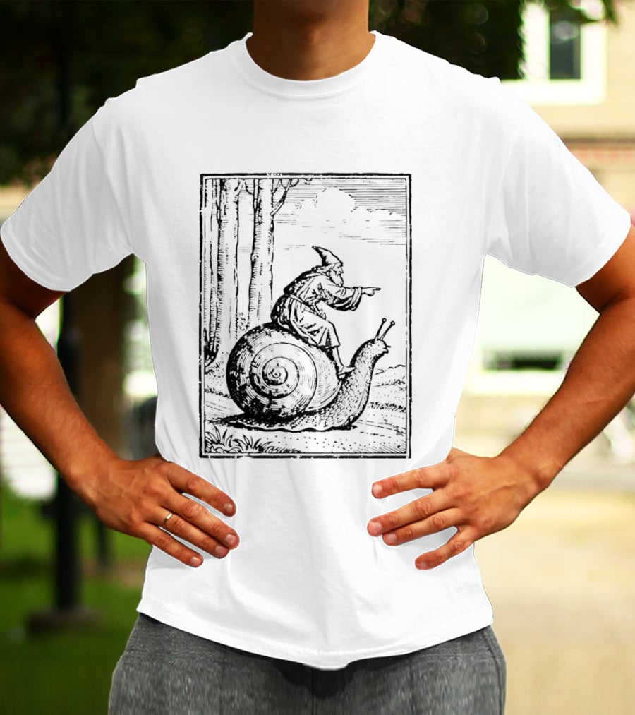 Medieval Snail Rider Wizard Woodcut Fantasy Enchantment T-Shirt