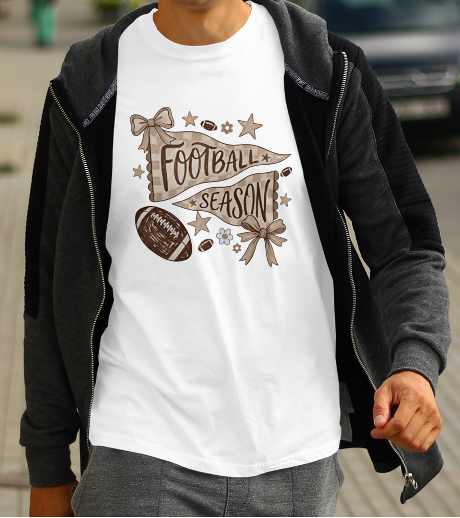 Football Season Pennant Bows And Stars With Footballs T-Shirt