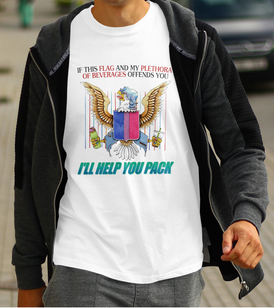 If This Flag And My Plethora Of Beverages Offends You I'll Help You Pack Eagle Holding Drinks T-Shirt
