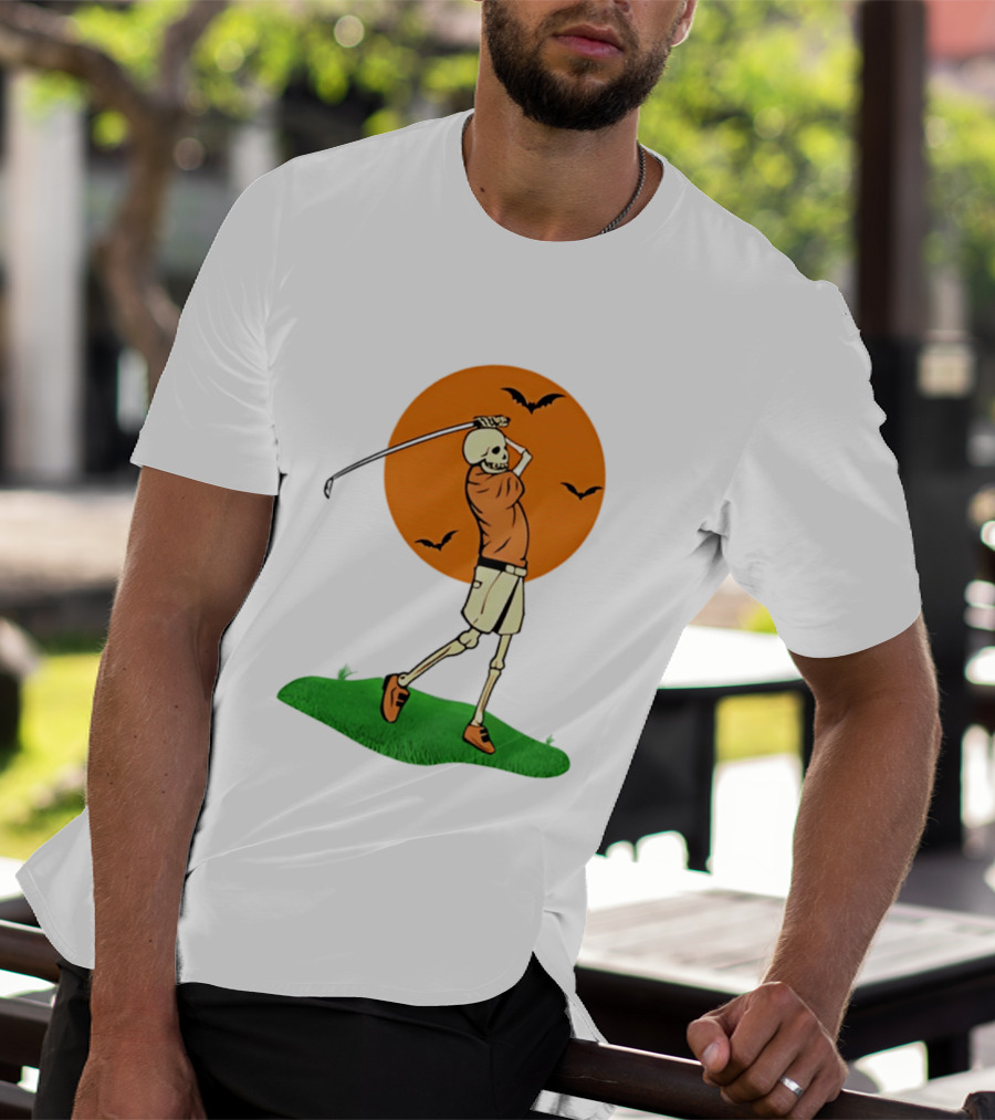 Skeleton Golfer At Sunset With Flying Bats T-Shirt