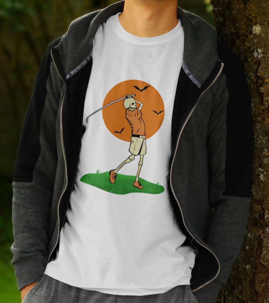 Skeleton Golfer At Sunset With Flying Bats T-Shirt