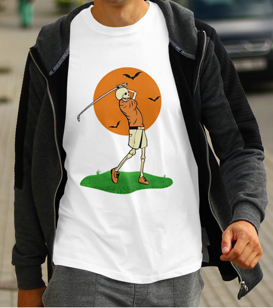 Skeleton Golfer At Sunset With Flying Bats T-Shirt