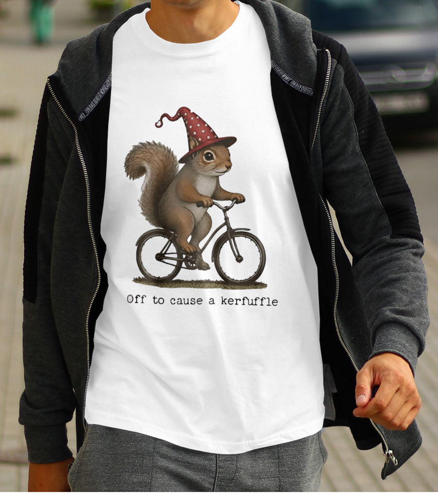 Squirrel In Wizard Hat Riding Bicycle Off To Cause A Kerfuffle T-Shirt