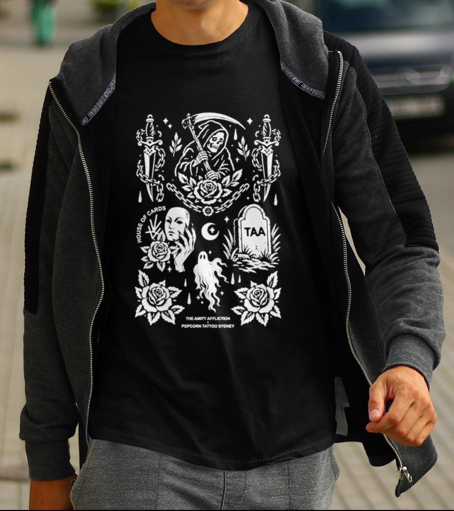 The Amity Affliction X Popcorn Tattoo Sydney Grim Reaper Floral Cemetery TAA T-Shirt