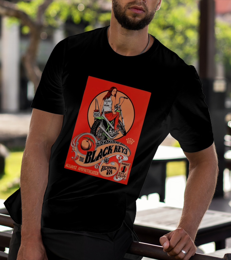 The Black Keys Allianz Amphitheater Richmond VA August 1 2026 Peaches N Kream Motorcycle T-Shirt