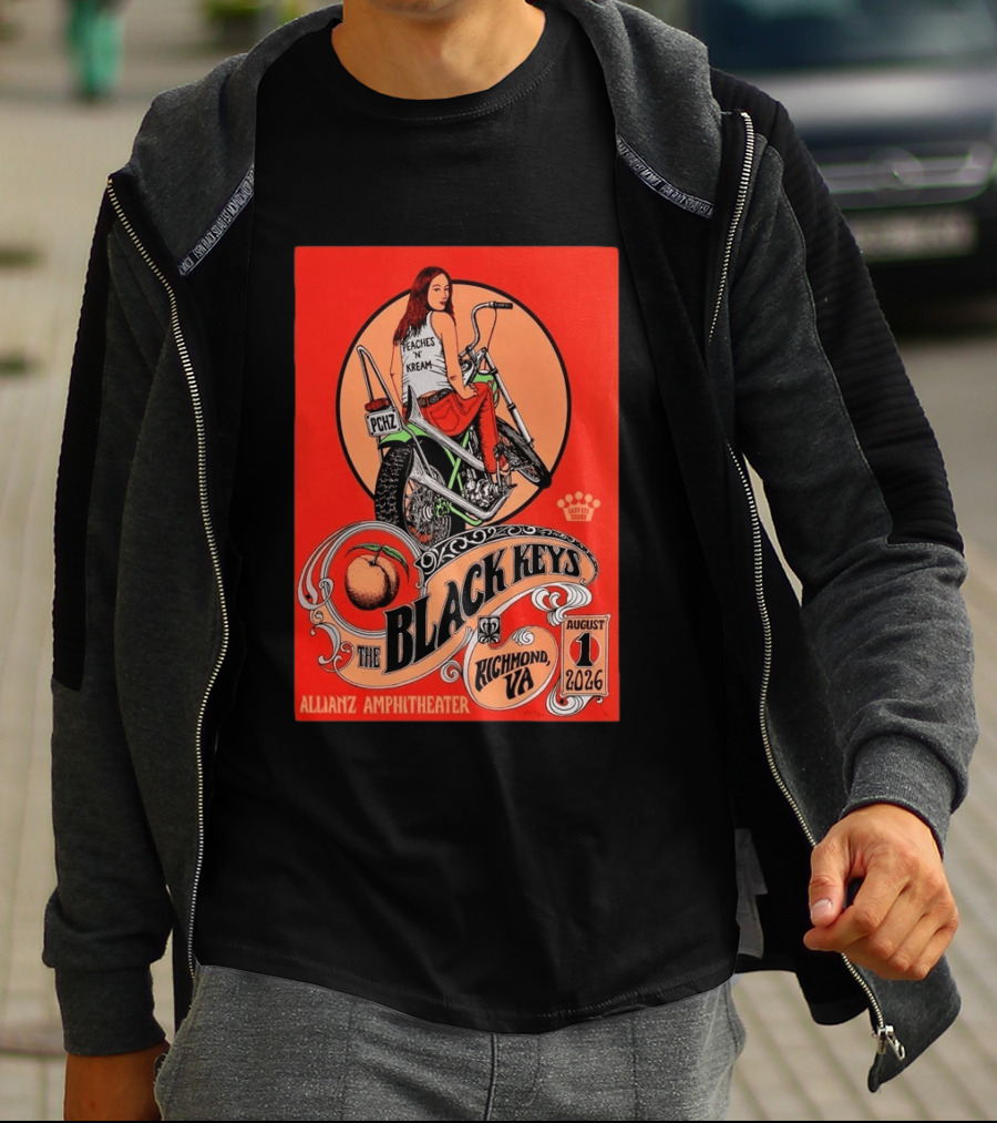 The Black Keys Allianz Amphitheater Richmond VA August 1 2026 Peaches N Kream Motorcycle T-Shirt