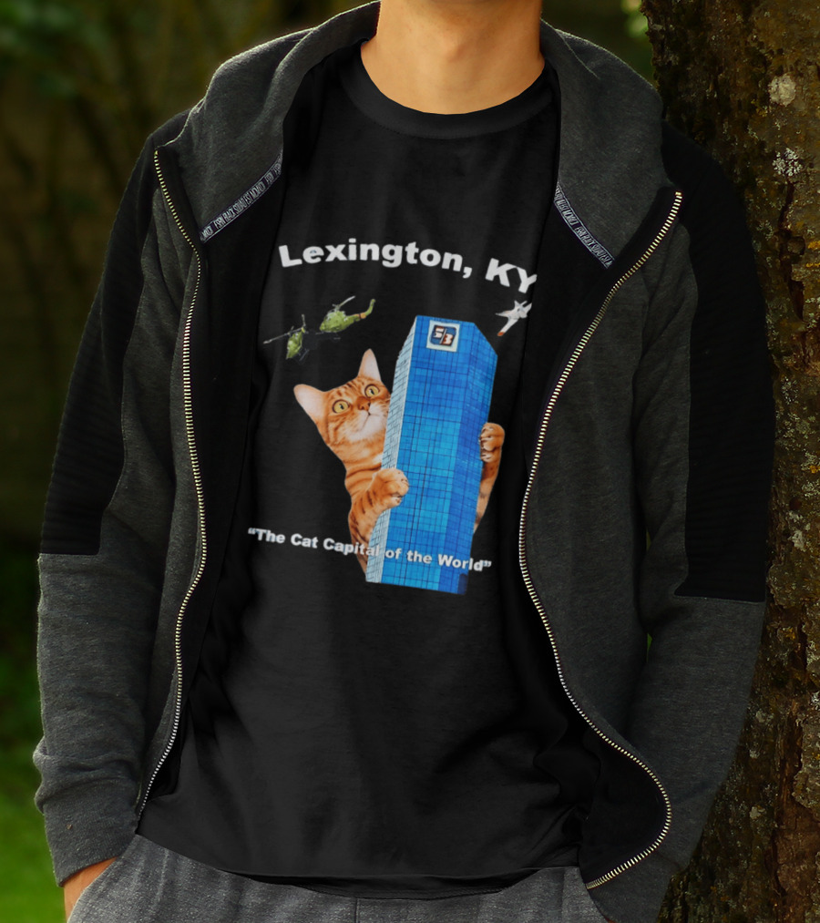 Lexington KY The Cat Capital Of The World Funny Cat With Building And Helicopter T-Shirt
