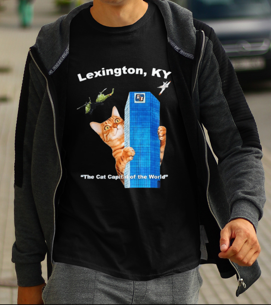 Lexington KY The Cat Capital Of The World Funny Cat With Building And Helicopter T-Shirt