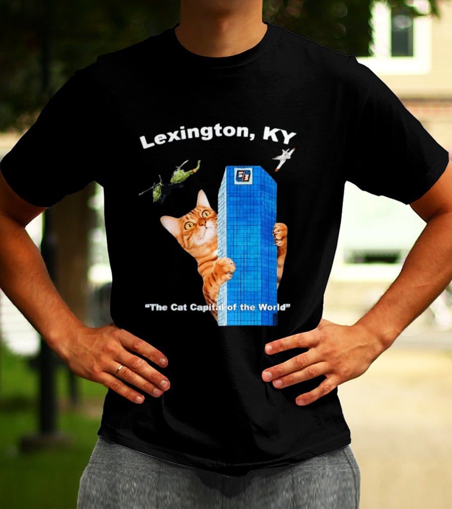 Lexington KY The Cat Capital Of The World Funny Cat With Building And Helicopter T-Shirt