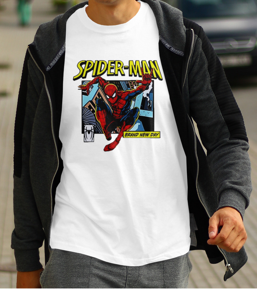 Spider Man Brand New Day Iconic Comic Style Swinging Action T-Shirt