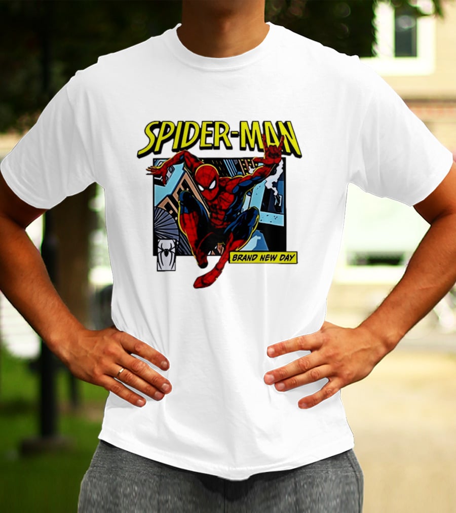 Spider Man Brand New Day Iconic Comic Style Swinging Action T-Shirt