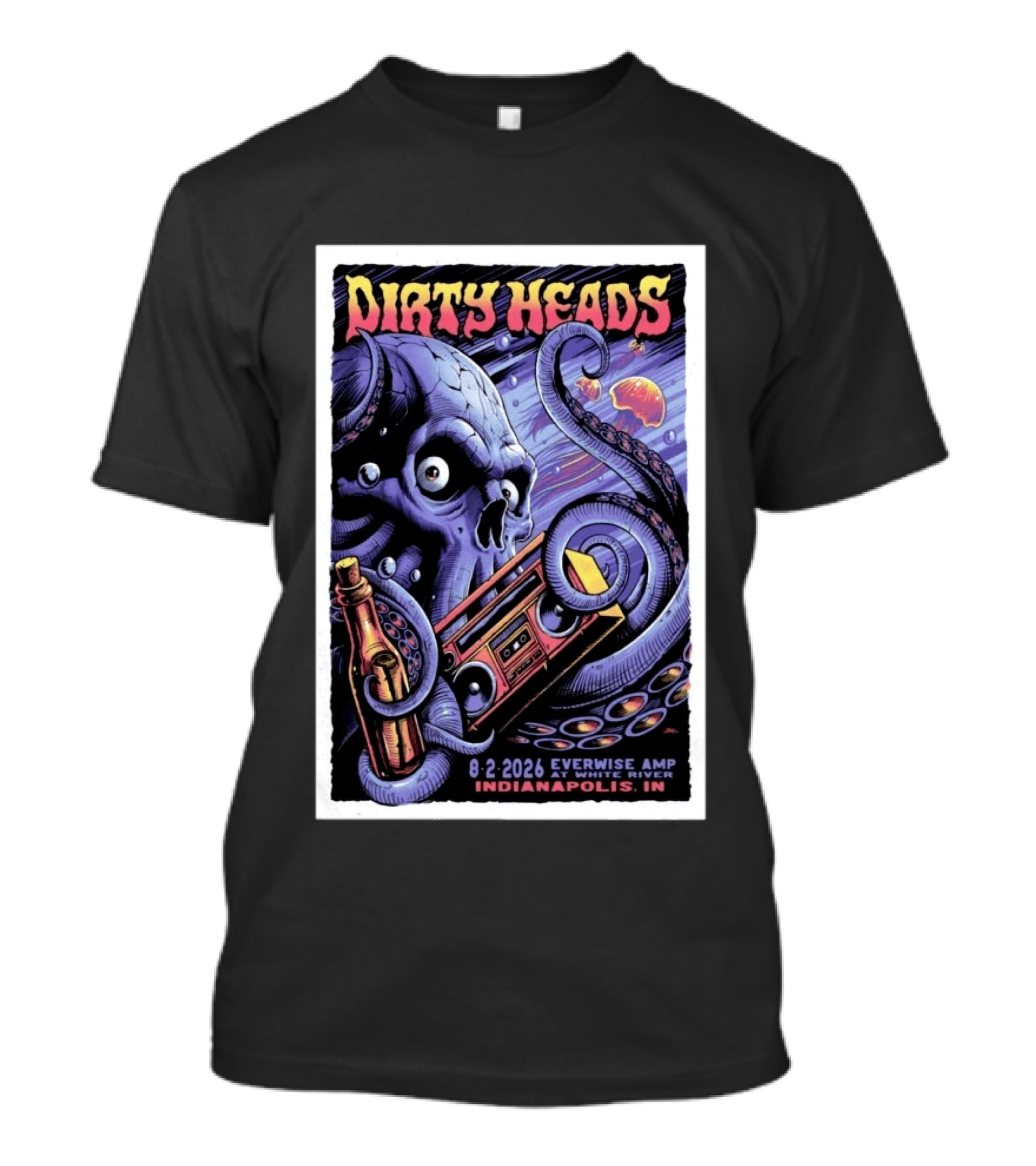 Dirty Heads Everwise Amp At White River 8.2.2026 Indianapolis IN Octopus Skull Alien Boombox T-Shirt