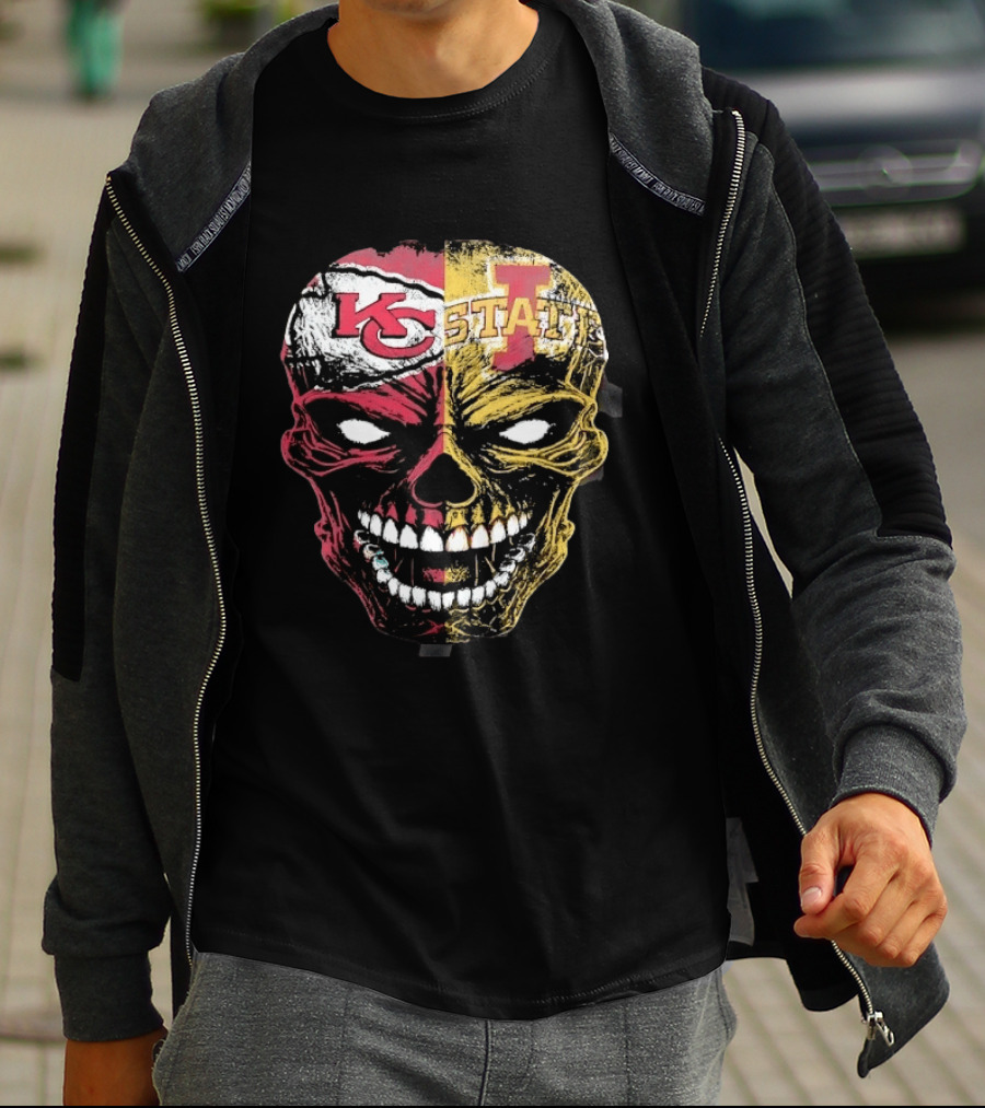 Kansas City Chiefs Iowa State Cyclones Skull Split Face T-Shirt