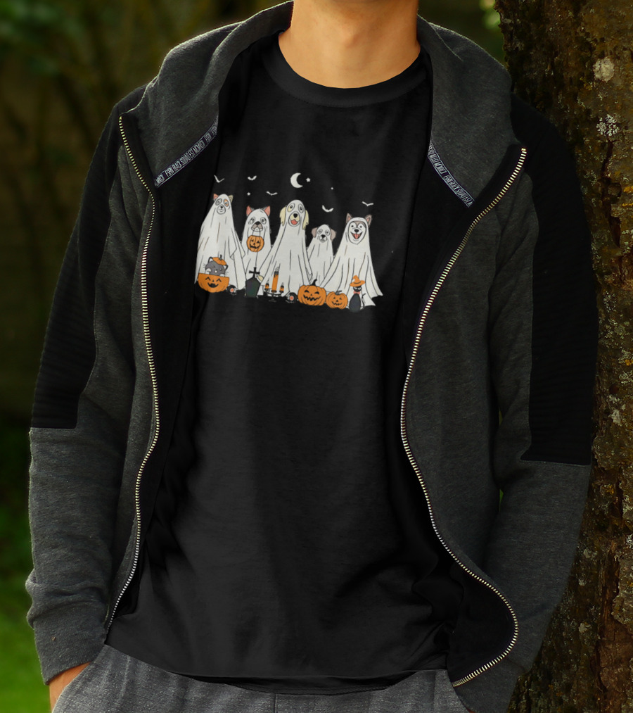 Halloween Ghost Dog Pack With Pumpkins And Moonlit Night T-Shirt