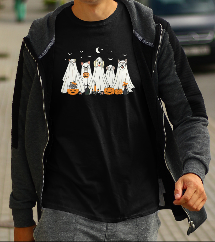 Halloween Ghost Dog Pack With Pumpkins And Moonlit Night T-Shirt