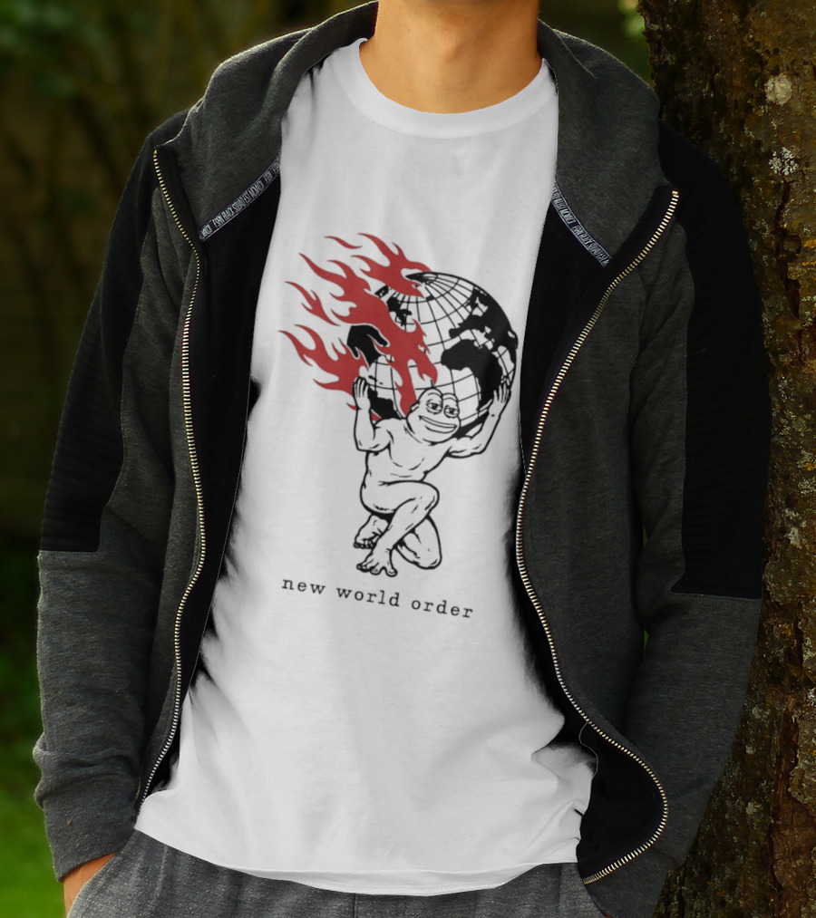 Frog Carrying Burning Earth With Flames New World Order T-Shirt