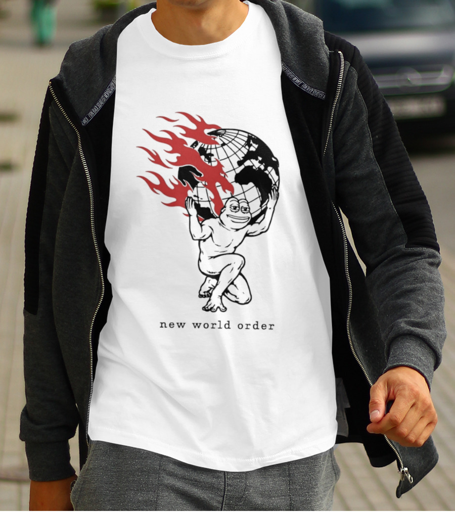 Frog Carrying Burning Earth With Flames New World Order T-Shirt