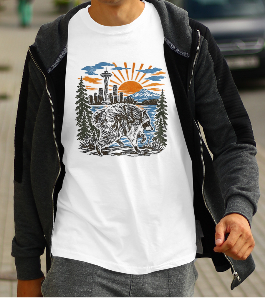 Raccoon Jimothy Seattle Skyline Sunset With Space Needle T-Shirt