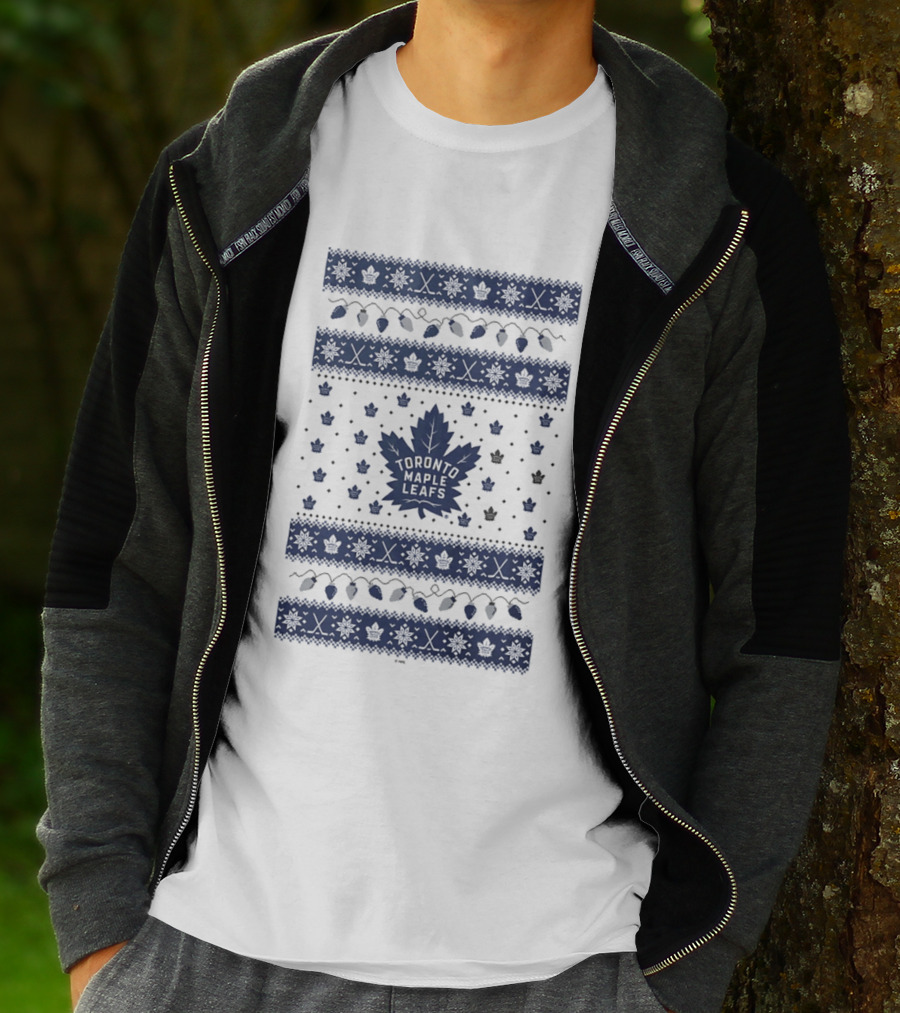 Toronto Maple Leafs Holiday Lights Festive Pattern Leafs Logo Snowflakes T-Shirt