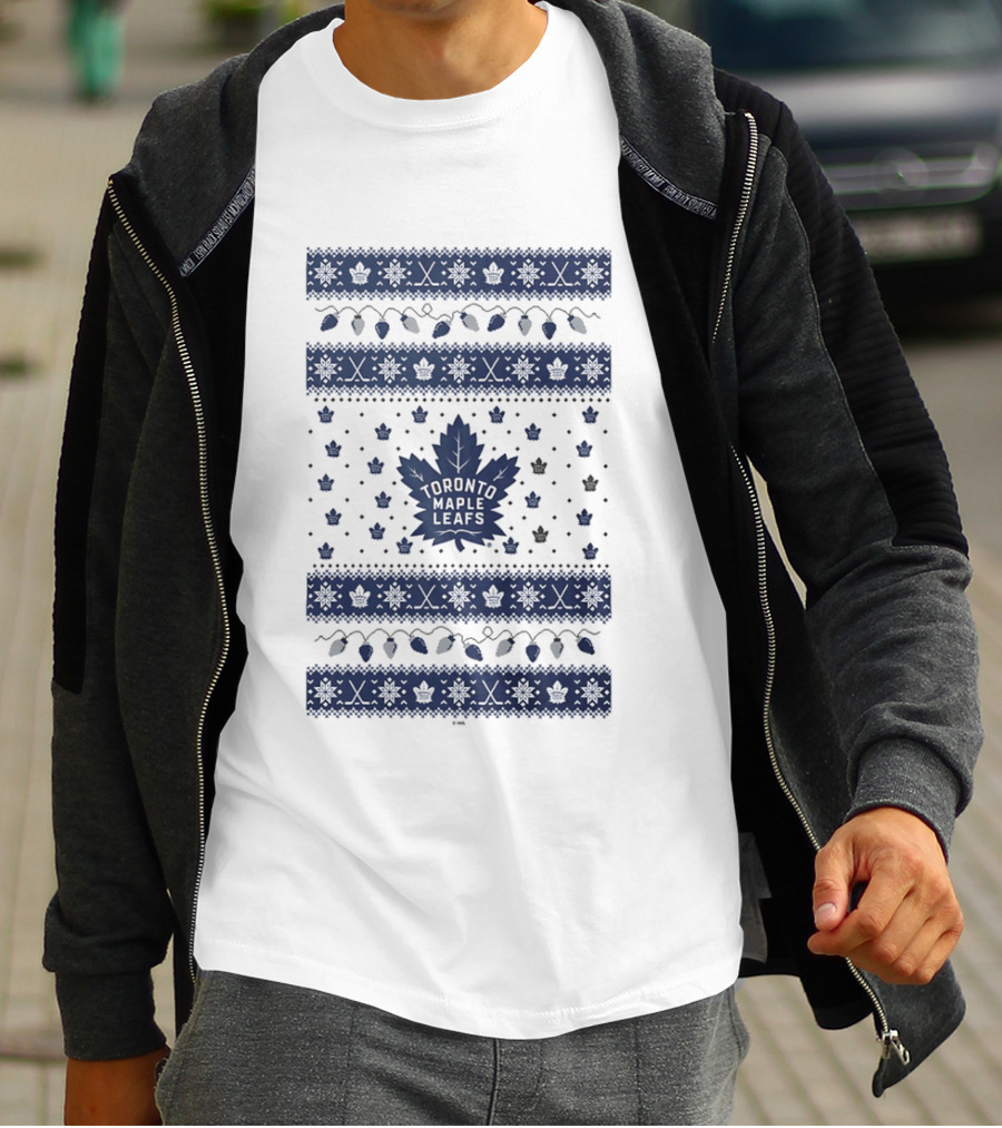 Toronto Maple Leafs Holiday Lights Festive Pattern Leafs Logo Snowflakes T-Shirt