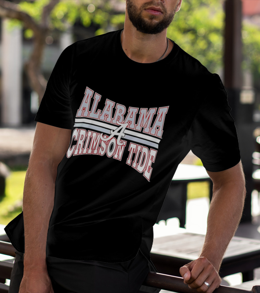 Alabama Crimson Tide Script A Curved Stripes Block Lettering T-Shirt