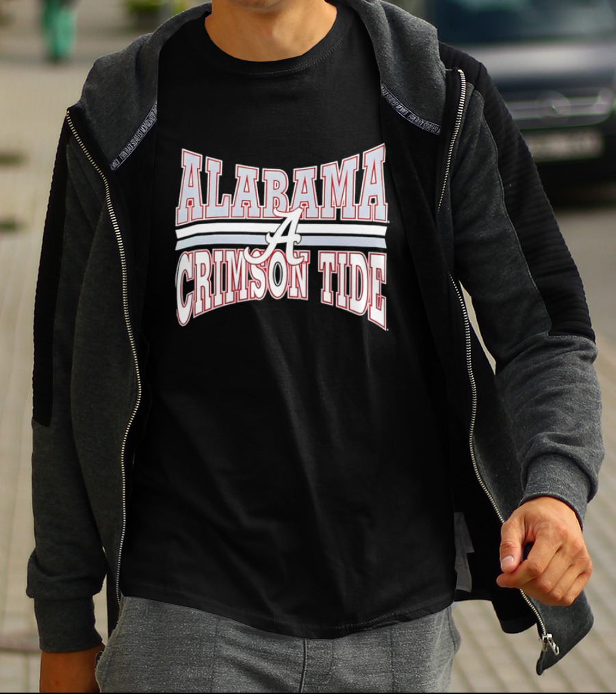 Alabama Crimson Tide Script A Curved Stripes Block Lettering T-Shirt