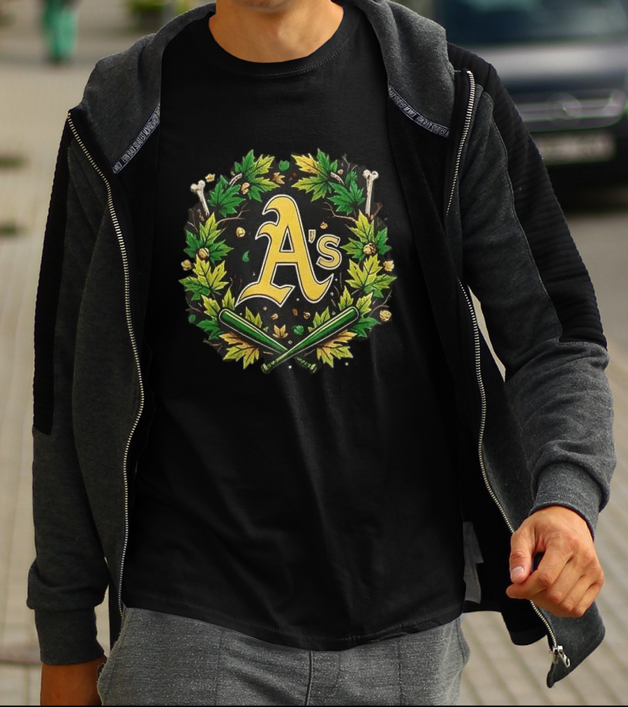 A's Halloween Maple Leaves Skull Crossed Bats Baseballs T-Shirt