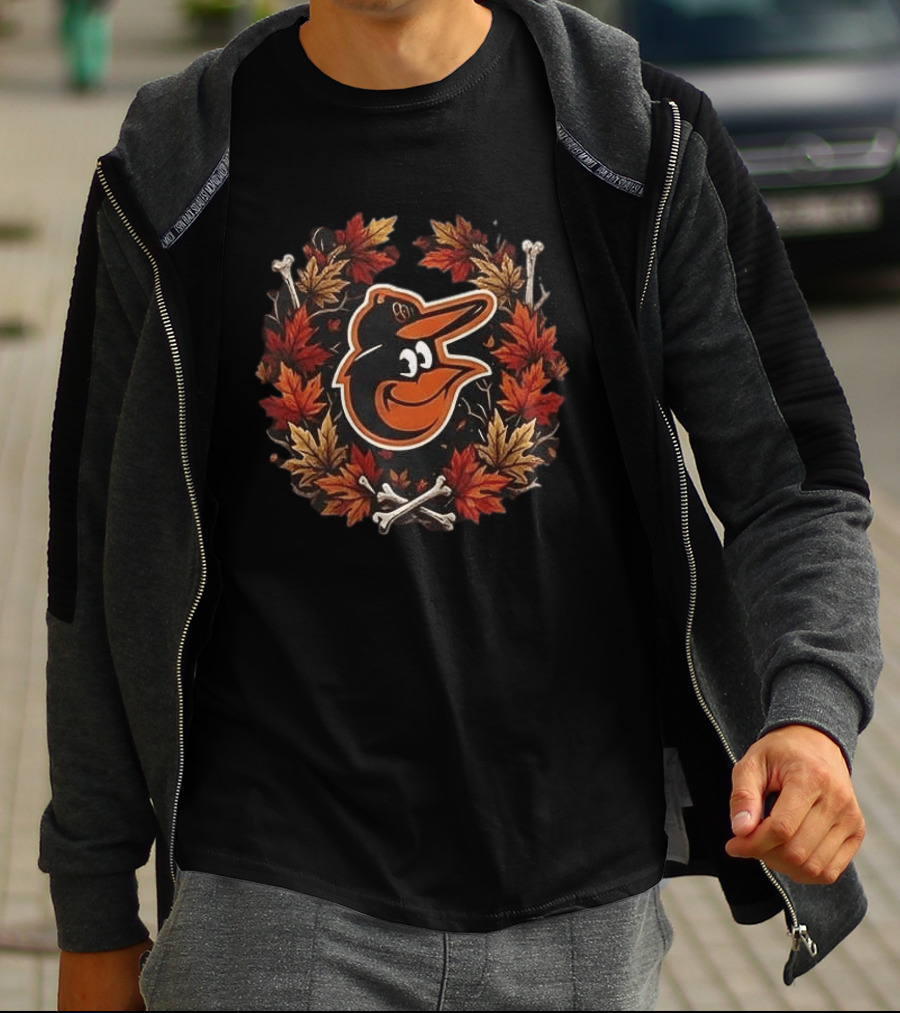 Baltimore Orioles Halloween Maple Leaves Skull Crossed Bats Baseballs T-Shirt