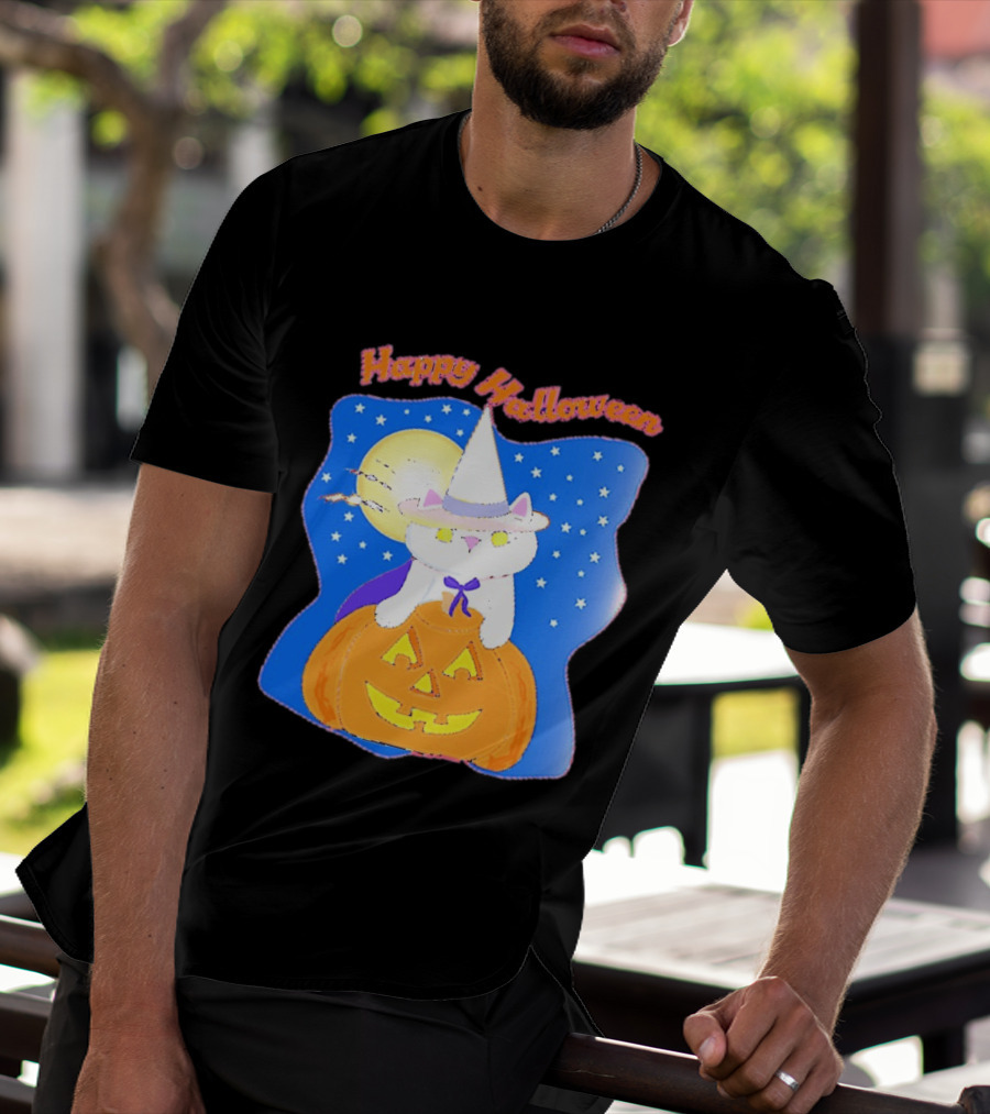 Happy Halloween Cat Witch On Pumpkin With Full Moon And Stars T-Shirt