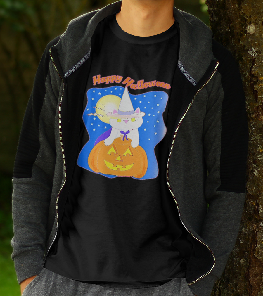Happy Halloween Cat Witch On Pumpkin With Full Moon And Stars T-Shirt