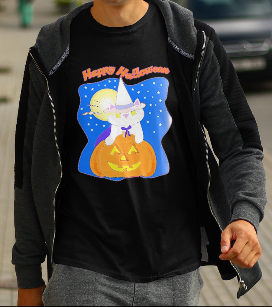 Happy Halloween Cat Witch On Pumpkin With Full Moon And Stars T-Shirt