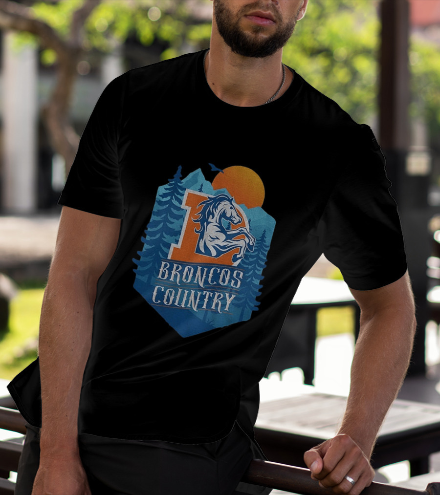 Denver Broncos Country Logo Football Mountain Sunset T-Shirt