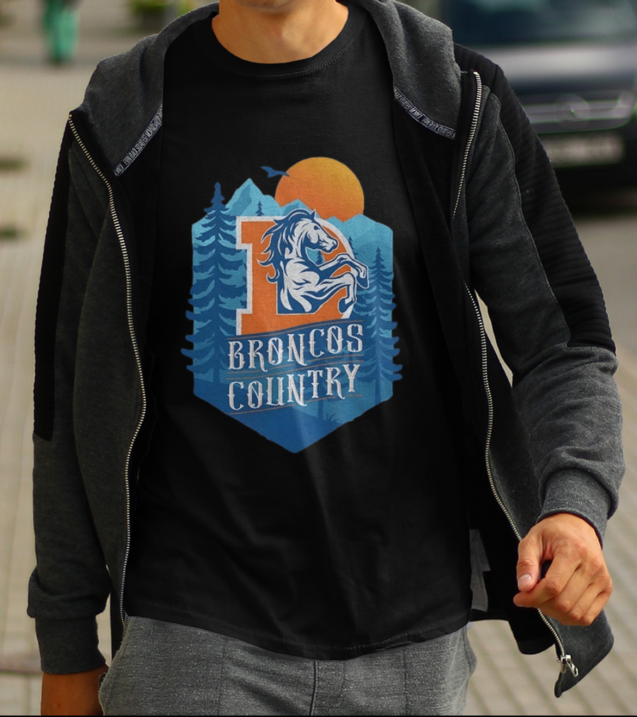 Denver Broncos Country Logo Football Mountain Sunset T-Shirt